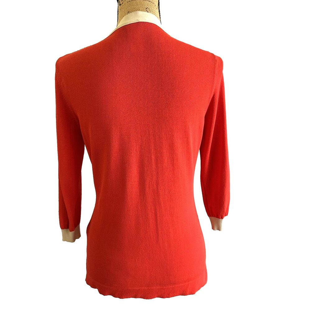 Les Copains Women's Scarlet Cream Trim V-Neck Cuffs 3/4 Sleeve Knit Sweater Sz 6 - Picture 4 of 13